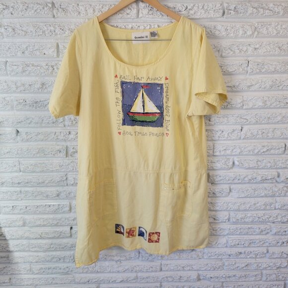 Gemini II Womens Dress 1X Plus Short Sleeve Mini Sailboat Pockets Casual YEL6E - Picture 1 of 10
